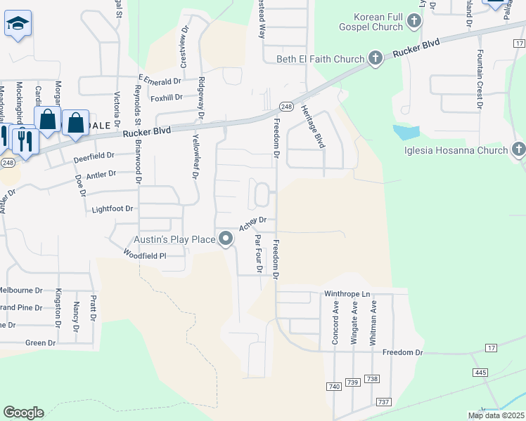 map of restaurants, bars, coffee shops, grocery stores, and more near 3125 Achey Drive in Enterprise