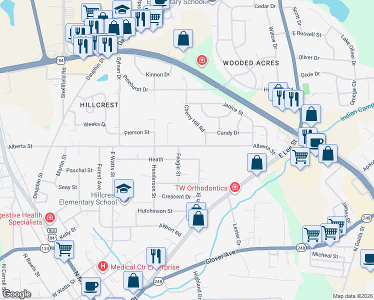 map of restaurants, bars, coffee shops, grocery stores, and more near 802 Alberta St in Enterprise