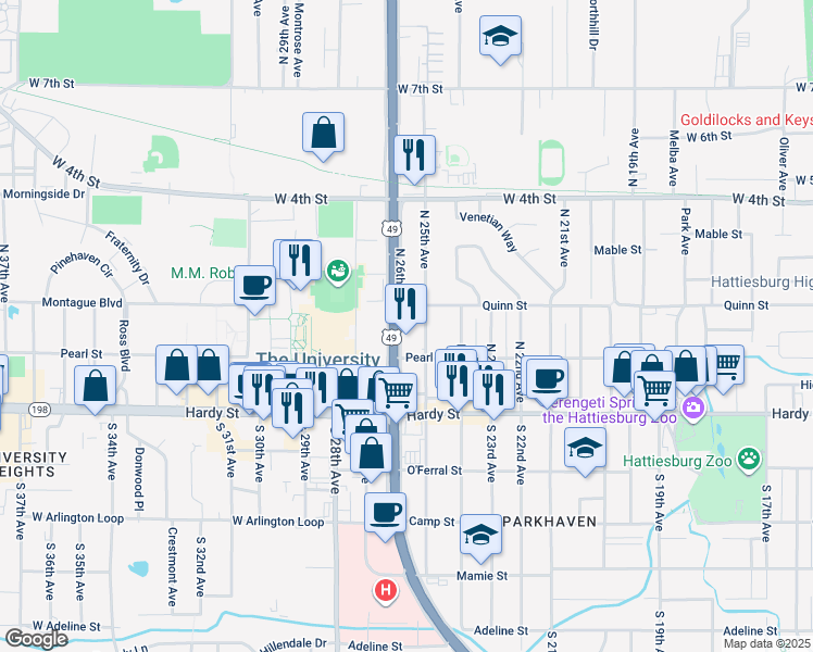 map of restaurants, bars, coffee shops, grocery stores, and more near 210 North 25th Avenue in Hattiesburg