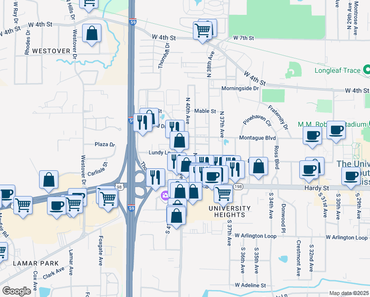 map of restaurants, bars, coffee shops, grocery stores, and more near 203 North 40th Avenue in Hattiesburg