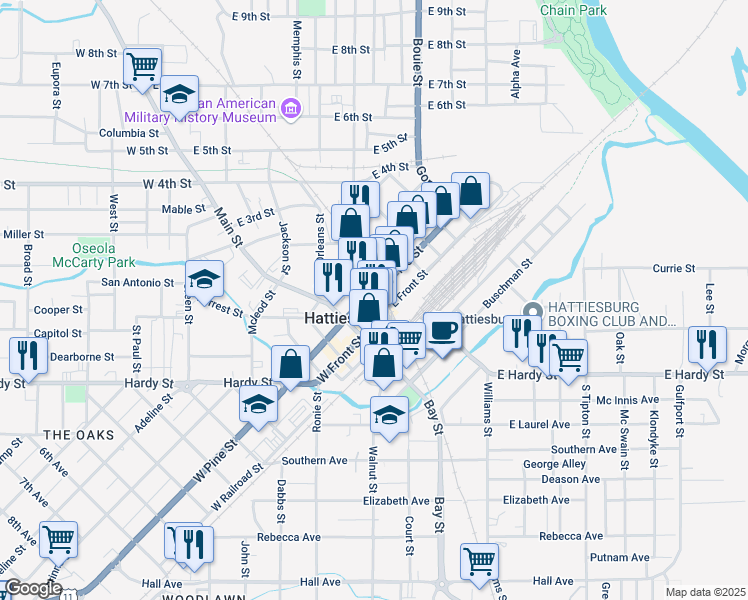 map of restaurants, bars, coffee shops, grocery stores, and more near 144 East Front Street in Hattiesburg