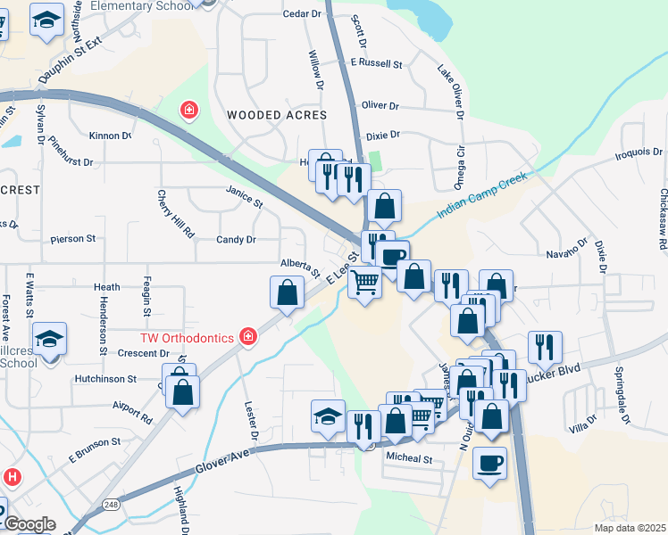 map of restaurants, bars, coffee shops, grocery stores, and more near 819 East Lee Street in Enterprise