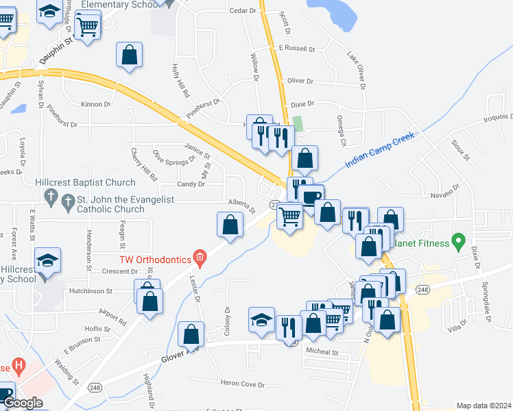 map of restaurants, bars, coffee shops, grocery stores, and more near 1105 Alberta Street in Enterprise