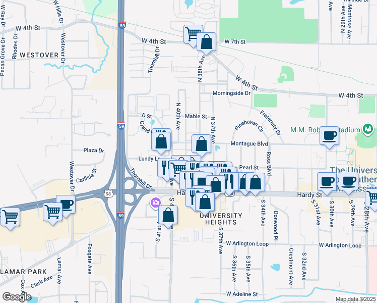 map of restaurants, bars, coffee shops, grocery stores, and more near 202 North 38th Avenue in Hattiesburg