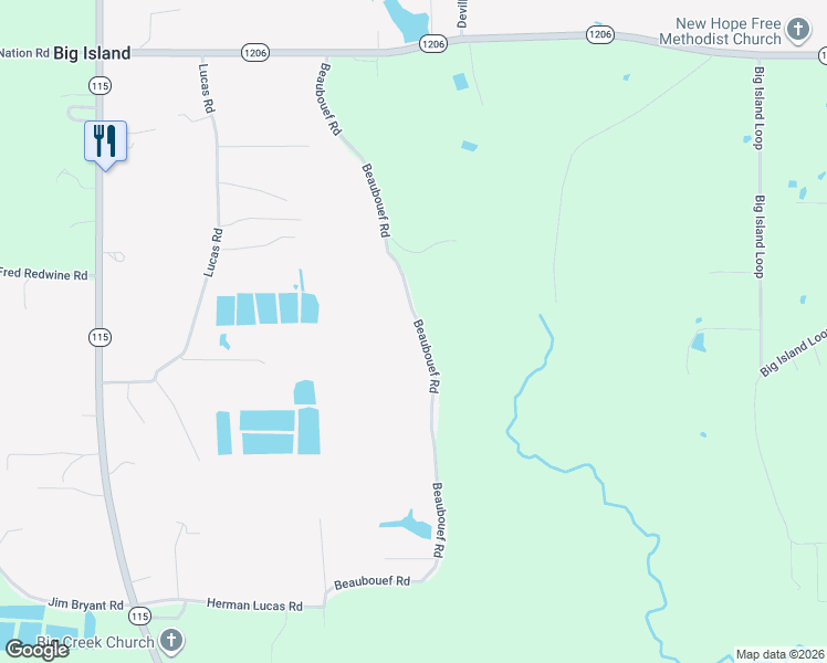 map of restaurants, bars, coffee shops, grocery stores, and more near 1-299 Beaubouef Road in Deville