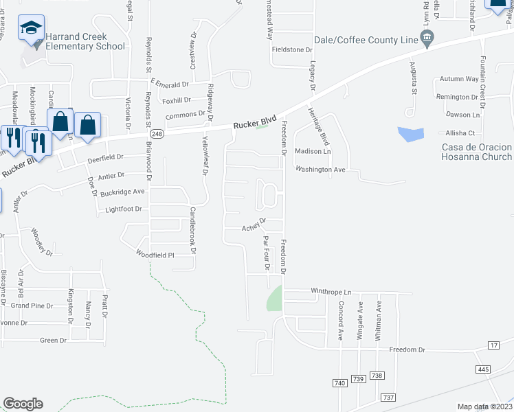 map of restaurants, bars, coffee shops, grocery stores, and more near 39 Courtyard Way in Enterprise
