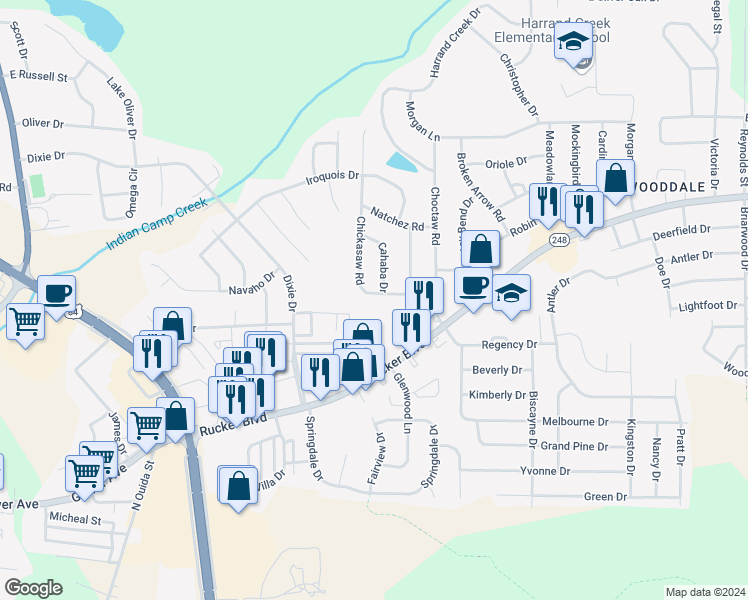 map of restaurants, bars, coffee shops, grocery stores, and more near 305 Chickasaw Road in Enterprise