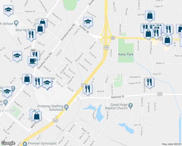 map of restaurants, bars, coffee shops, grocery stores, and more near 599 Cummins Street in Pineville