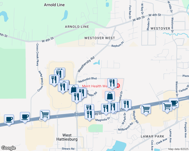 map of restaurants, bars, coffee shops, grocery stores, and more near 217 Methodist Boulevard in Hattiesburg