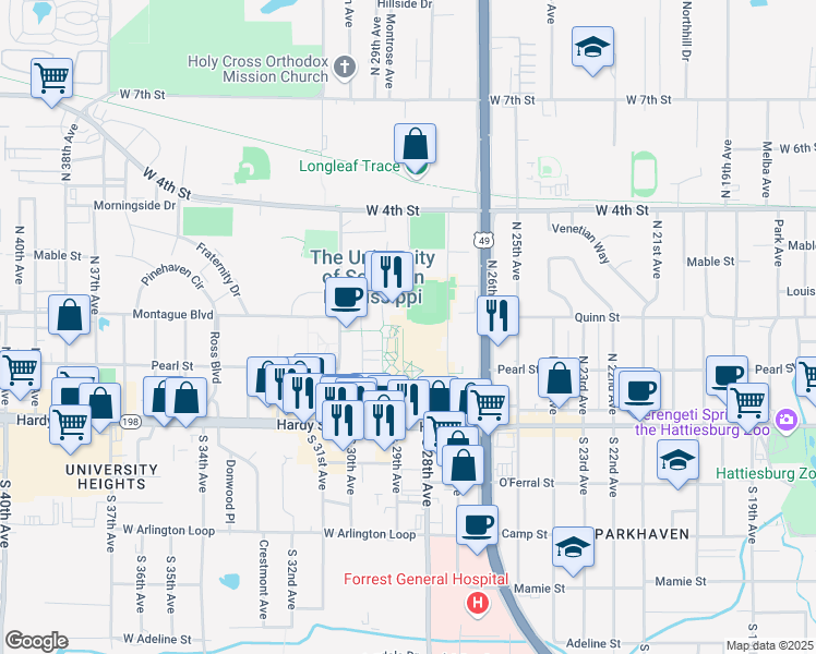 map of restaurants, bars, coffee shops, grocery stores, and more near 118 College Drive in Hattiesburg