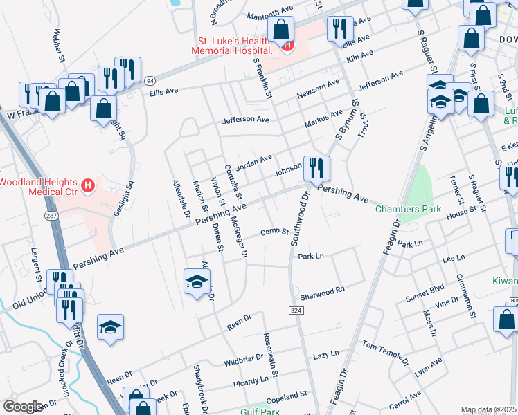 map of restaurants, bars, coffee shops, grocery stores, and more near 714 Schuller in Lufkin