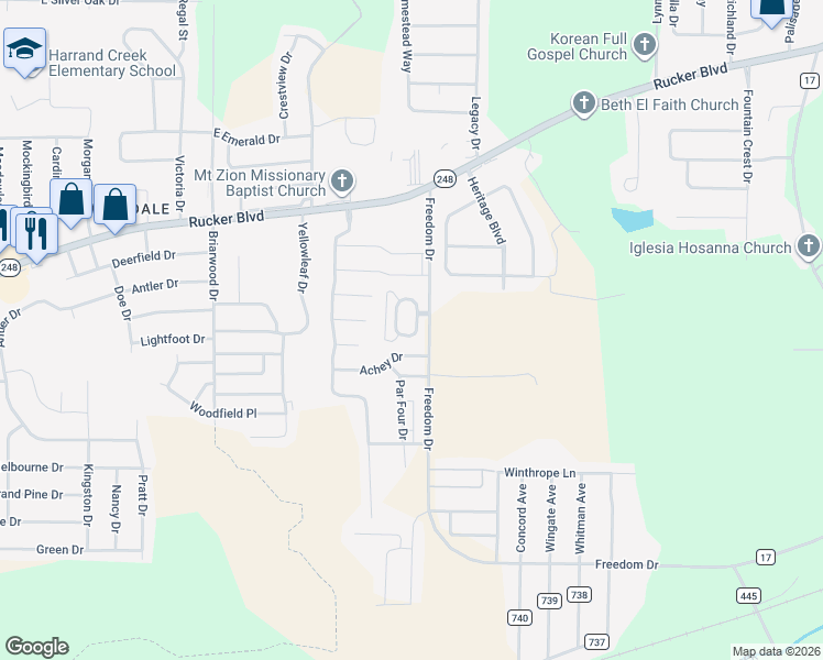 map of restaurants, bars, coffee shops, grocery stores, and more near 4 Courtyard Way in Enterprise