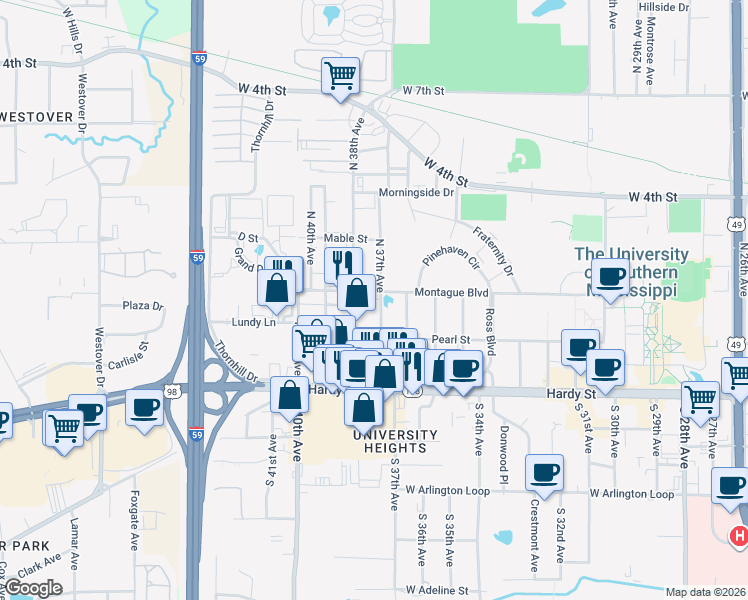 map of restaurants, bars, coffee shops, grocery stores, and more near 3700 Montague Boulevard in Hattiesburg