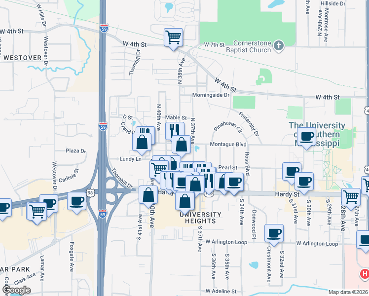 map of restaurants, bars, coffee shops, grocery stores, and more near 202 North 37th Avenue in Hattiesburg