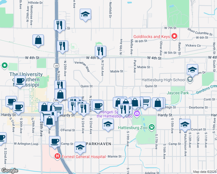 map of restaurants, bars, coffee shops, grocery stores, and more near 221 North 20th Avenue in Hattiesburg