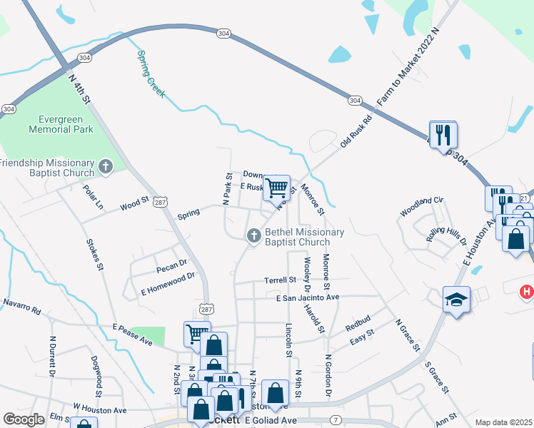 map of restaurants, bars, coffee shops, grocery stores, and more near 1004 Spring in Crockett