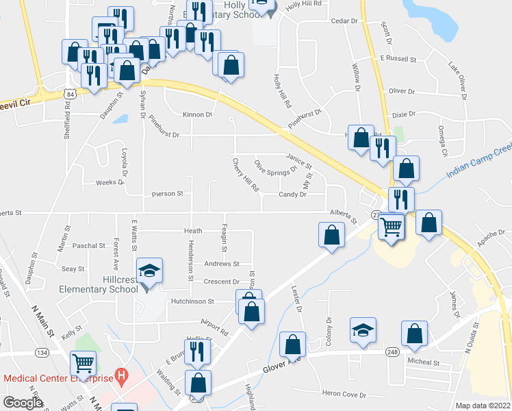 map of restaurants, bars, coffee shops, grocery stores, and more near 101 Cherry Hill Road in Enterprise