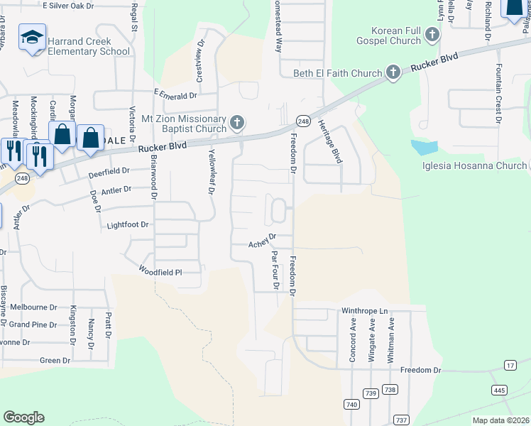 map of restaurants, bars, coffee shops, grocery stores, and more near 51 Courtyard Way in Enterprise