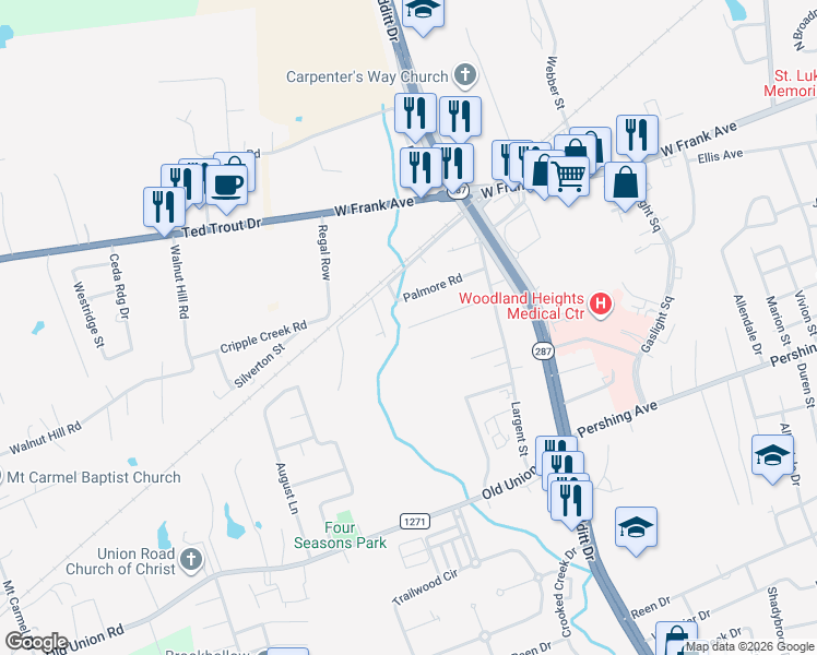 map of restaurants, bars, coffee shops, grocery stores, and more near 412 White Avenue in Lufkin