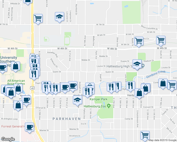 map of restaurants, bars, coffee shops, grocery stores, and more near 301 North 19th Avenue in Hattiesburg