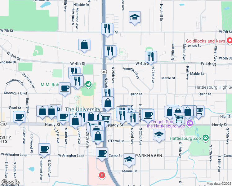 map of restaurants, bars, coffee shops, grocery stores, and more near 306 North 25th Avenue in Hattiesburg