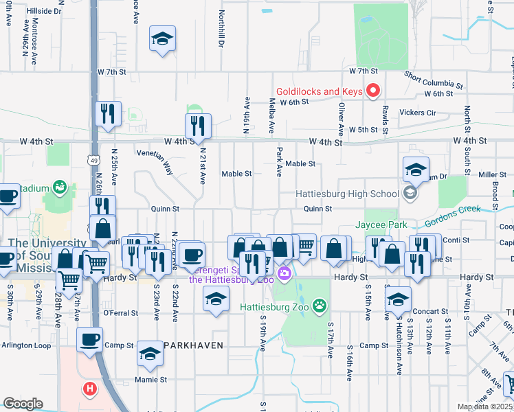 map of restaurants, bars, coffee shops, grocery stores, and more near 301 North 19th Avenue in Hattiesburg