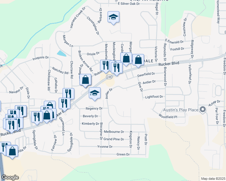 map of restaurants, bars, coffee shops, grocery stores, and more near 309 Antler Drive in Enterprise