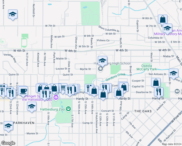 map of restaurants, bars, coffee shops, grocery stores, and more near 707 Quinn Street in Hattiesburg