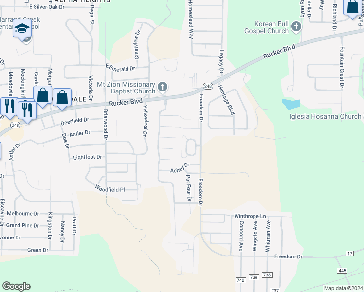 map of restaurants, bars, coffee shops, grocery stores, and more near 57 Courtyard Way in Enterprise