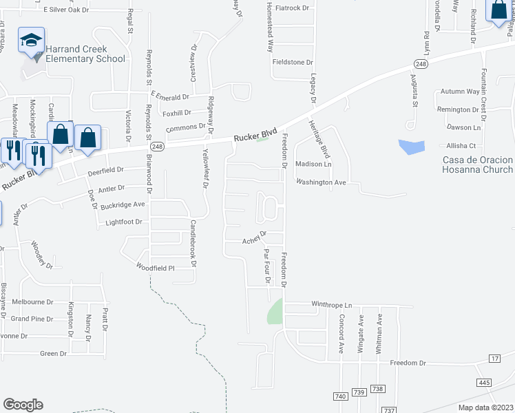 map of restaurants, bars, coffee shops, grocery stores, and more near 67 Courtyard Way in Enterprise