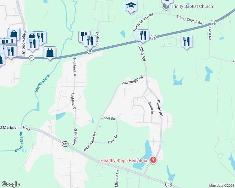 map of restaurants, bars, coffee shops, grocery stores, and more near 222 Wainwright Road in Pineville