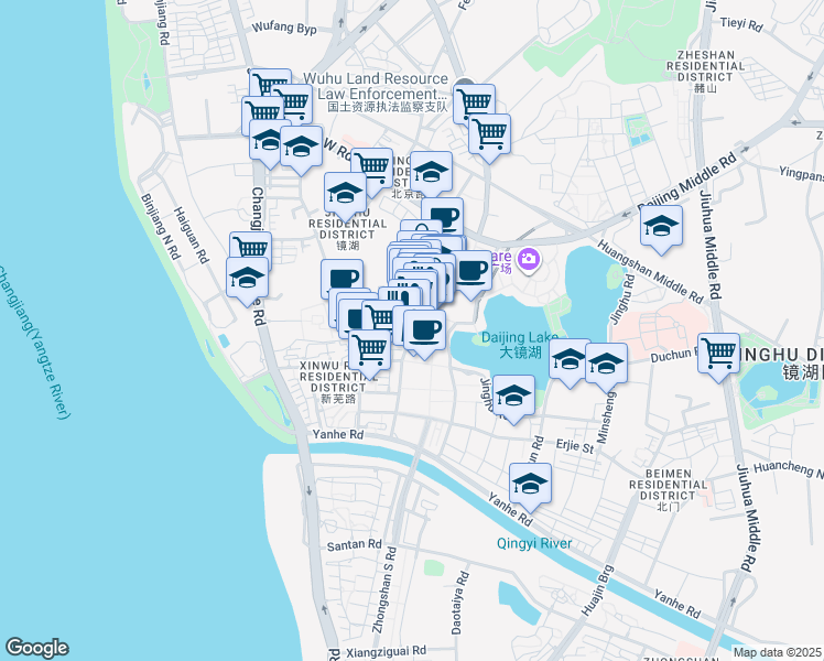map of restaurants, bars, coffee shops, grocery stores, and more near Zhong He Lu in Wu Hu Shi