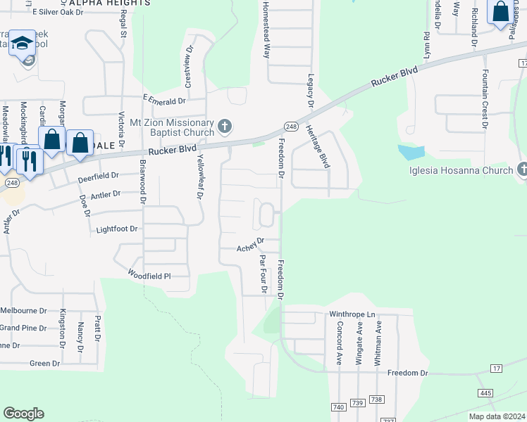 map of restaurants, bars, coffee shops, grocery stores, and more near 24 Courtyard Way in Enterprise
