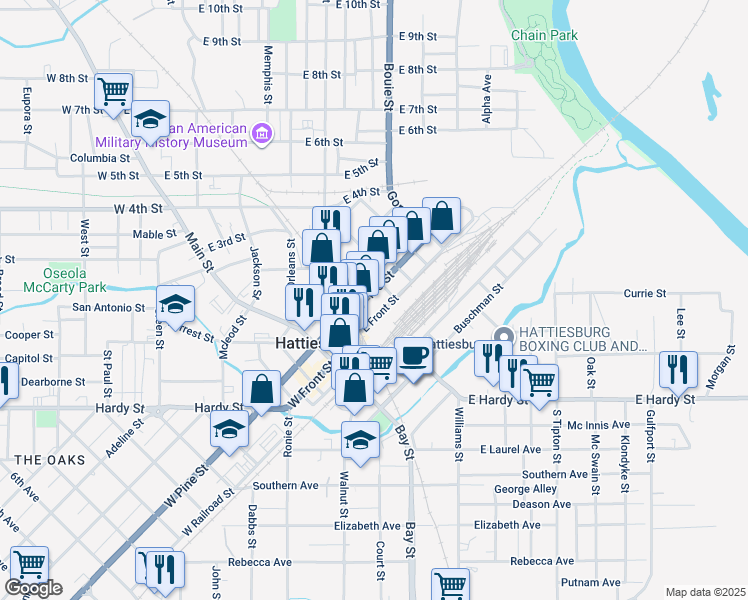 map of restaurants, bars, coffee shops, grocery stores, and more near 319 East Pine Street in Hattiesburg