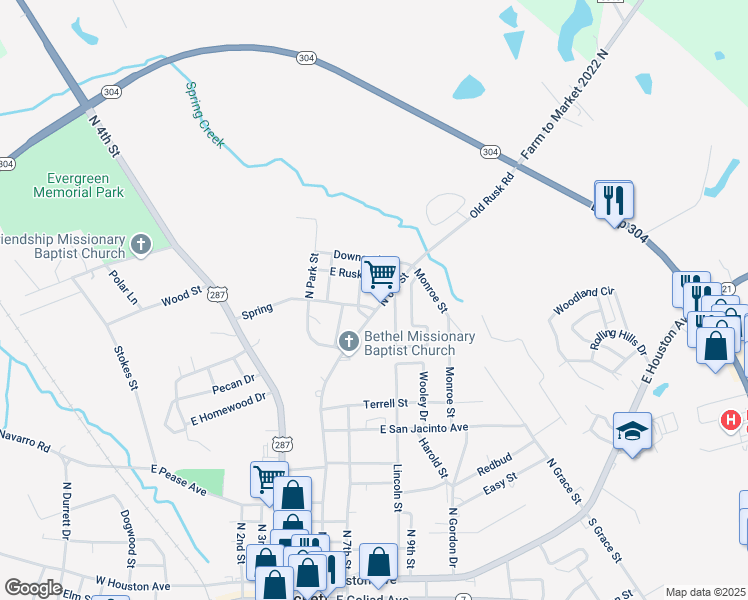 map of restaurants, bars, coffee shops, grocery stores, and more near 1004 Spring in Crockett