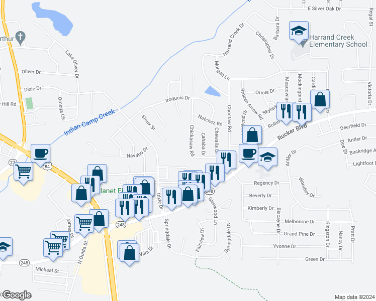 map of restaurants, bars, coffee shops, grocery stores, and more near 313 Chickasaw Road in Enterprise