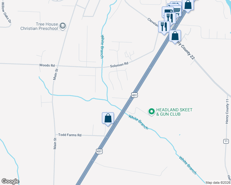 map of restaurants, bars, coffee shops, grocery stores, and more near 115 Riveredge Court in Headland