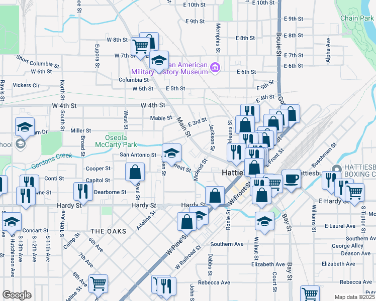 map of restaurants, bars, coffee shops, grocery stores, and more near 840 Main Street in Hattiesburg