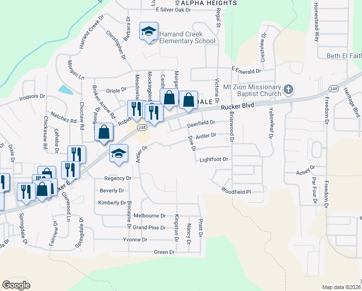 map of restaurants, bars, coffee shops, grocery stores, and more near 205 Antler Drive in Enterprise