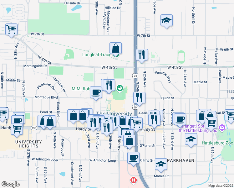 map of restaurants, bars, coffee shops, grocery stores, and more near in Hattiesburg