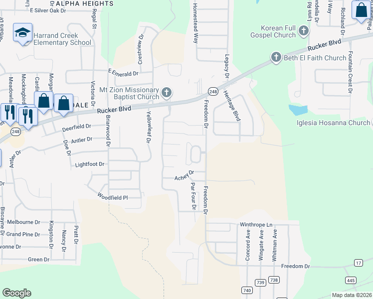 map of restaurants, bars, coffee shops, grocery stores, and more near 63 Courtyard Way in Enterprise