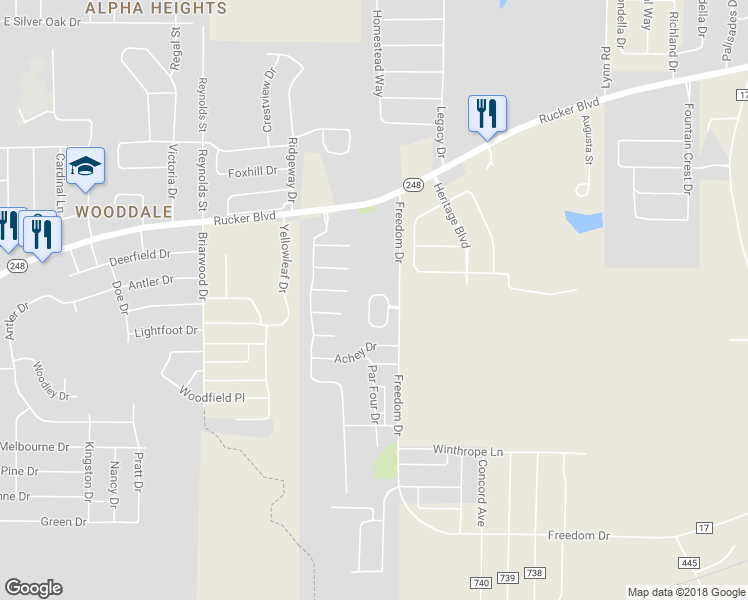 map of restaurants, bars, coffee shops, grocery stores, and more near 24 Courtyard Way in Enterprise