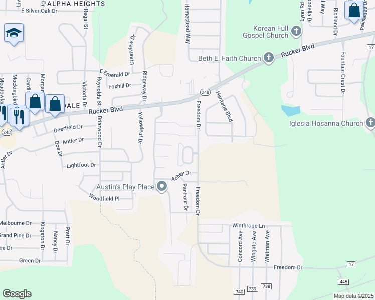 map of restaurants, bars, coffee shops, grocery stores, and more near 26 Courtyard Way in Enterprise