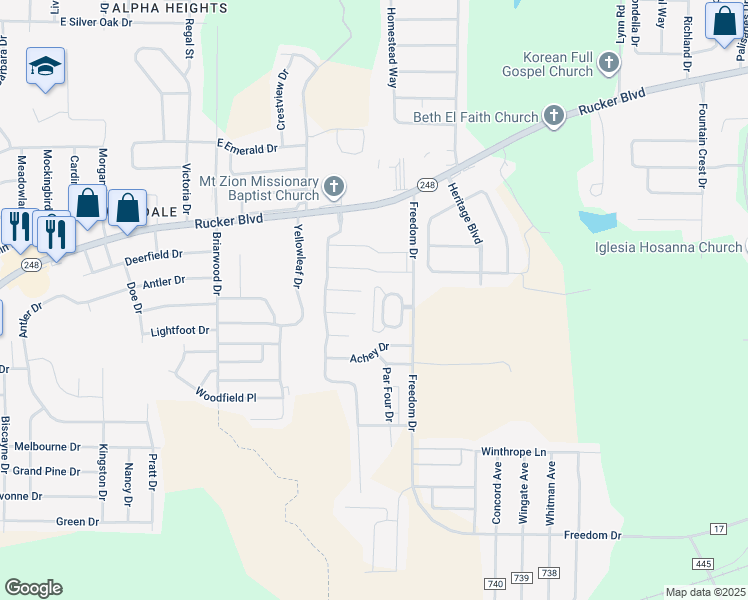 map of restaurants, bars, coffee shops, grocery stores, and more near 24 Courtyard Way in Enterprise