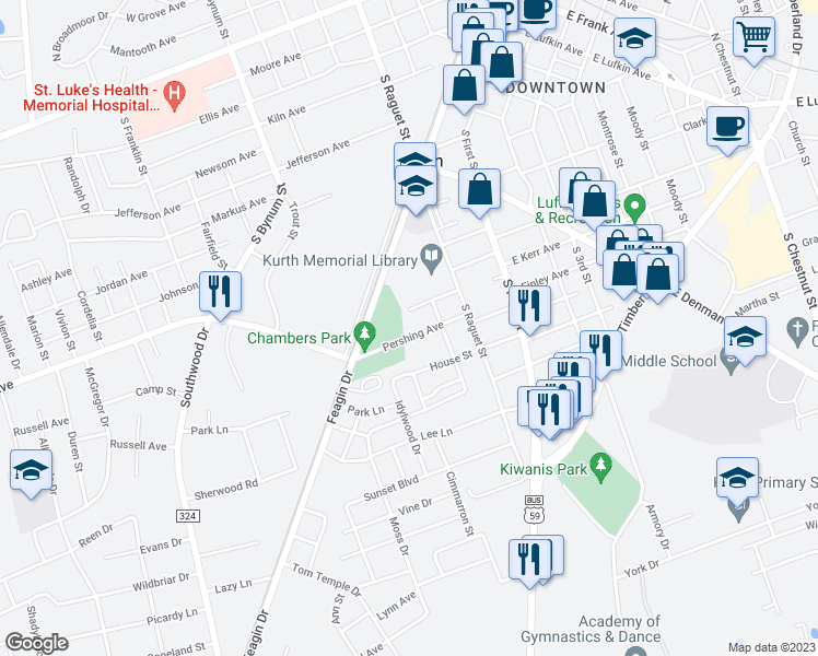 map of restaurants, bars, coffee shops, grocery stores, and more near 414 Pershing Avenue in Lufkin