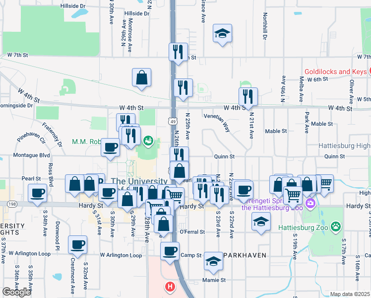 map of restaurants, bars, coffee shops, grocery stores, and more near 306 North 25th Avenue in Hattiesburg