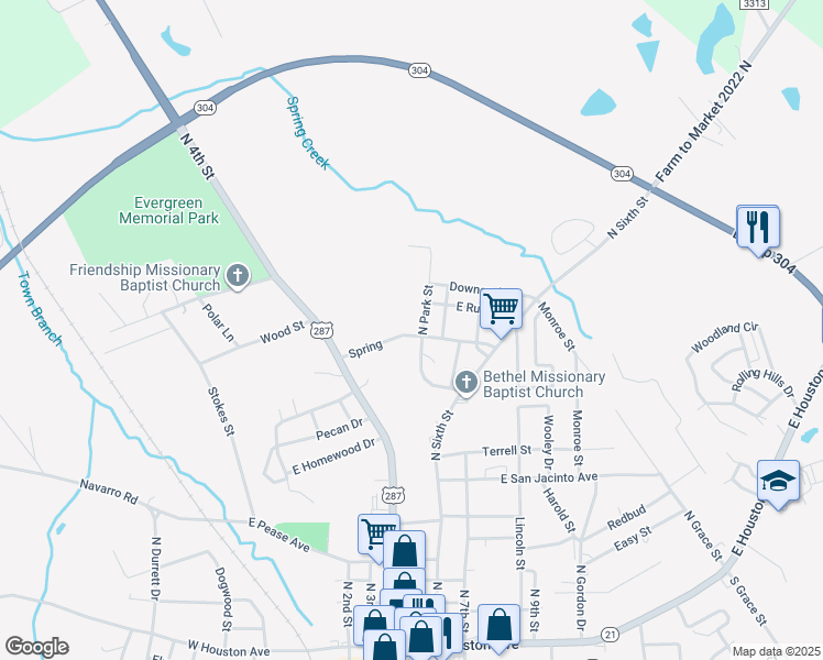 map of restaurants, bars, coffee shops, grocery stores, and more near 608 Spring in Crockett