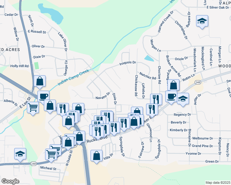 map of restaurants, bars, coffee shops, grocery stores, and more near 308 Dixie Drive in Enterprise