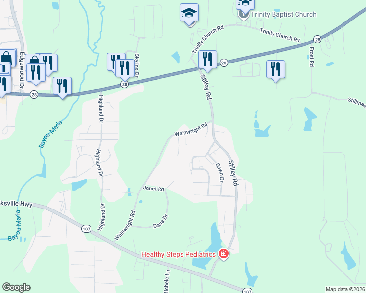 map of restaurants, bars, coffee shops, grocery stores, and more near 229 Kala Dr in Pineville