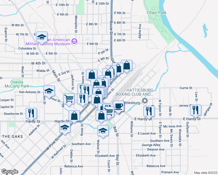 map of restaurants, bars, coffee shops, grocery stores, and more near 319 East Pine Street in Hattiesburg